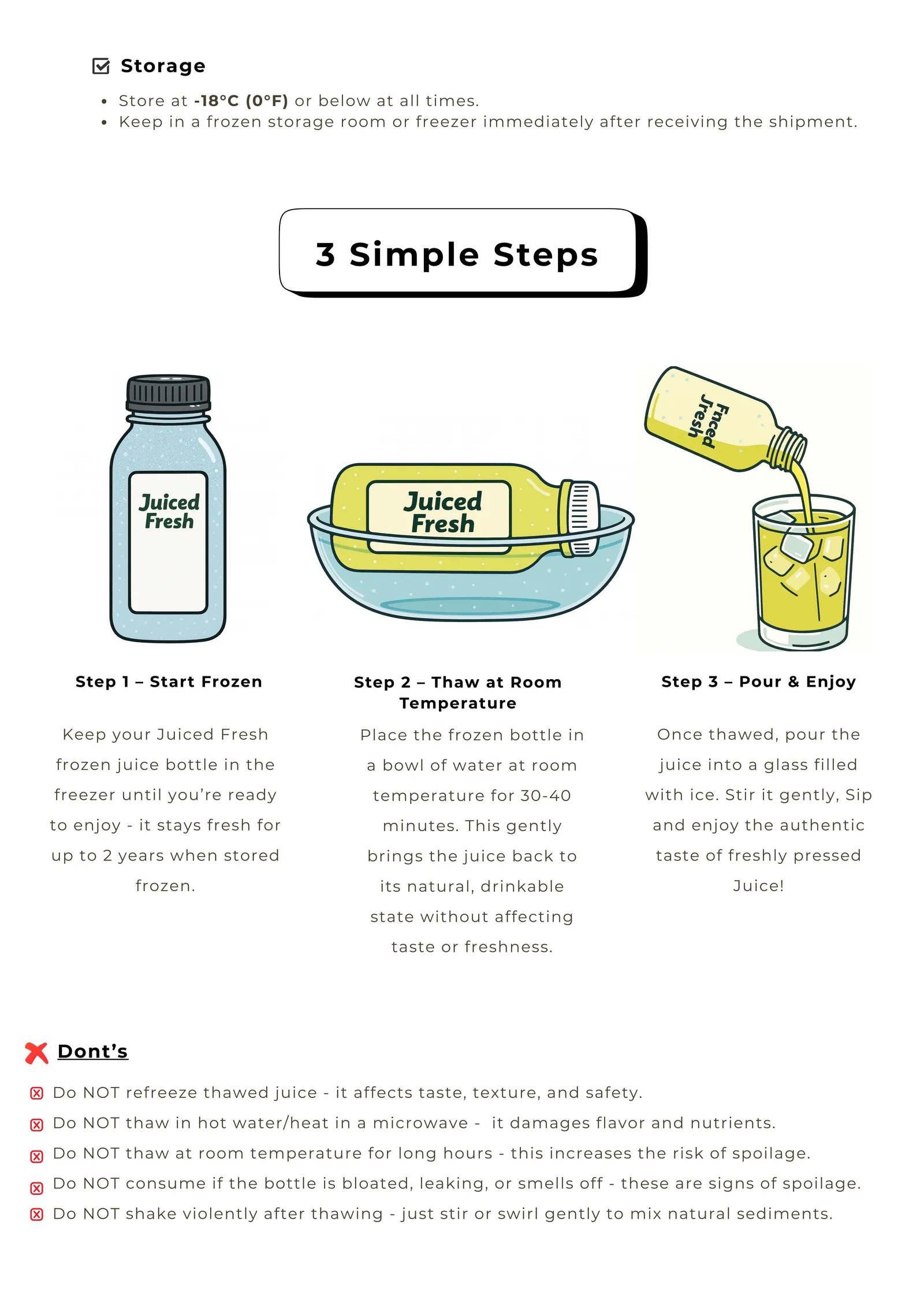 Illustrated three-step thawing instructions for frozen sugarcane juice bottles