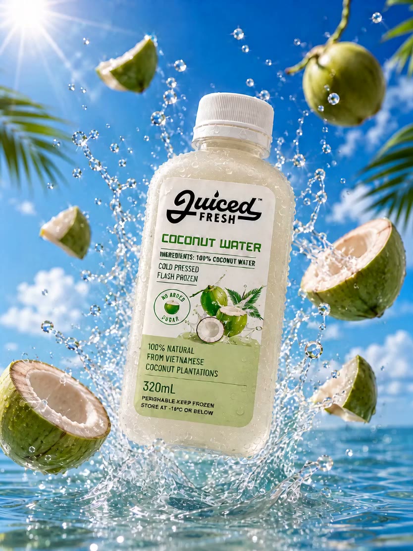 Premium Coconut Water pouring into a glass