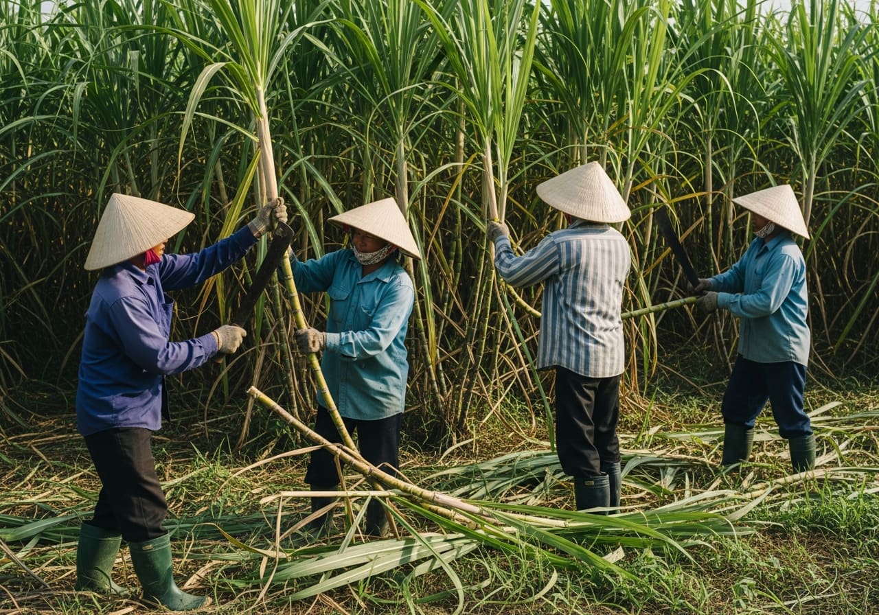 A sugarcane field at harvest in Vietnam's Mekong Delta